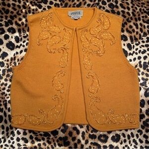 Vintage 1960s Joyce Yellow Paisley Embroidered Wool Sweater Vest
